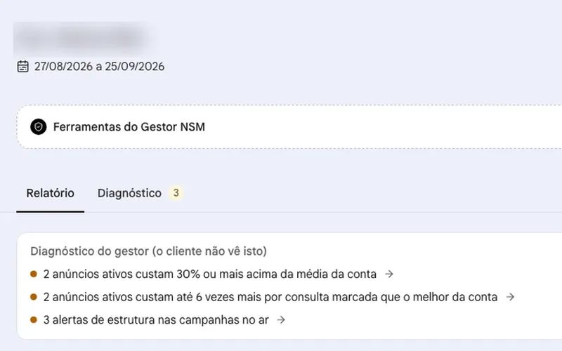 Relatório de tráfego com o diagnóstico do gestor: anúncios acima do custo médio da conta e alertas de estrutura das campanhas
