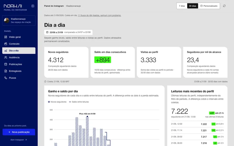 Painel do Instagram com novos seguidores, visitas ao perfil e o ganho de seguidores por dia